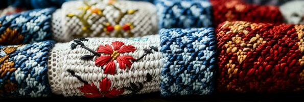 schließen oben erfasst von traditionell Kreuz Stich Muster auf rustikal Textil- Hintergründe foto