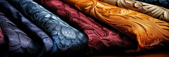 hoch Auflösung Bilder präsentieren detailliert Jacquard gewebte Designs auf Textil- Hintergründe foto