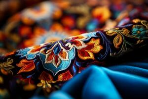 Makro Schüsse Hervorheben erarbeiten persisch Teppich Muster im lebendig Farben foto