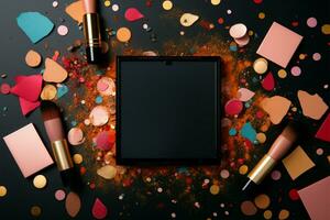 Kosmetika und Konfetti erstellen ein lebhaft Rand um das schwarz Platz ai generiert foto