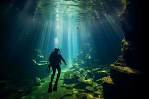 Taucher erforscht Yucatan Cenote Höhle mit dunkel, Stalaktit gefüllt Landschaft unter Wasser ai generiert foto