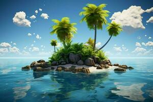 ein idyllisch Inselchen, geschmückt mit Palme Bäume, driftet im das Meer ai generiert foto