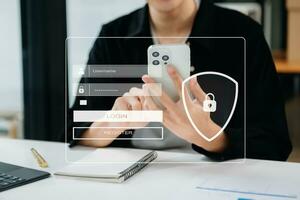 cybersicherheitskonzept, login, benutzer, identifikationsdatensicherheit und verschlüsselung, sicherer zugriff auf die persönlichen daten des benutzers frau mit smartphone und tablet im büro foto