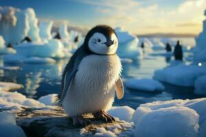 bezaubernd Pinguin inmitten Polar- Eis, gerahmt durch majestätisch Eisberge, rein Gelassenheit ai generiert foto