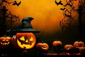 Halloween Hintergrund mit ein 3d gerendert Produkt Podium zum präsentieren Artikel ai generiert foto