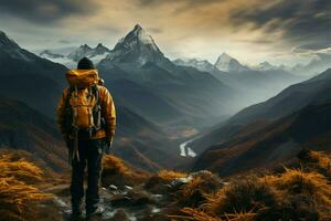 Reise entfaltet sich wie ein Reisender, Gelb mit Rucksack, umarmt Berg Schönheit ai generiert foto