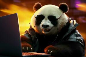 Panda im Gläser, Mund Agape, gefesselt durch Laptops Bildschirm Charme ai generiert foto