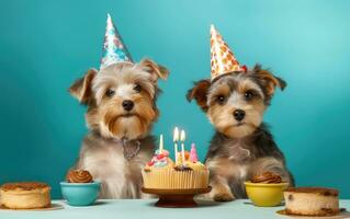 zwei süß glücklich Hündchen Hunde mit ein Geburtstag Kuchen feiern beim ein Geburtstag Party. erstellt mit generativ ai Technologie. foto