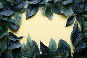dunkel Blau Segeltuch umarmt durch ein üppig Rahmen von tropisch Blätter ai generiert foto