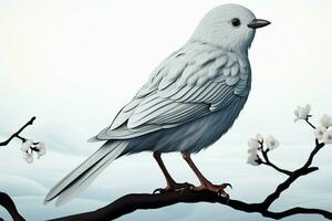 einsam Vogel bereit oben auf makellos Weiß Leinwand, elegant und minimalistisch ai generiert foto