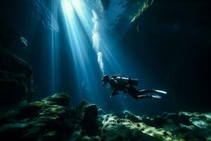 Taucher erforscht dunkel unter Wasser Höhle, Aufschlussreich ein versteckt unterirdisch Welt ai generiert foto