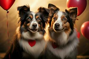 Duo von Rand Collies mit Herz Ballon liebenswert, herzerwärmend Gesellschaft ai generiert foto