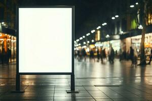 leeren Plakatwand Zeichen im zeitgenössisch Einkaufen Center, Ideal zum Nachrichtenübermittlung ai generiert foto