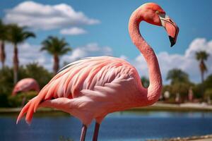 ein Rosa Flamingo mit lange Hals Spaziergänge im exotisch Palmen ai generiert foto