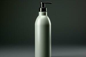 kosmetisch Produkt Flasche auf ein glatt grau Hintergrund zum Betonung ai generiert foto