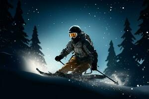Skifahrer schnitzt Wanderwege im schneebedeckt Wald, Umarmen Naturen eisig Schönheit ai generiert foto