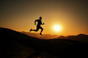 Laufen Silhouette, Jugend Rennen Berg Sonnenuntergang, symbolisieren beschwingt, aktiv Lebensstil ai generiert foto