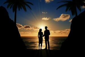 silhouettiert Paar steht inmitten Palme Bäume, gerahmt durch ein Sonnenuntergang ai generiert foto