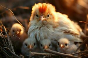 Licht rot Mutter Hähnchen bietet warm Pflege zu flauschige Heu Nestlinge ai generiert foto