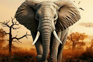 majestätisch Elefant inmitten Wiese, gerahmt durch entfernt Wald Überdachung ai generiert foto