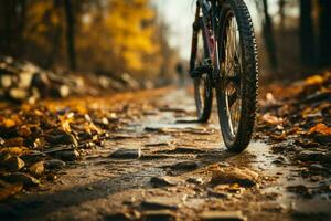 Wegrand Berg Fahrrad eben Reifen betont durch selektiv Fokus, Abenteuer vorübergehend angehalten ai generiert foto