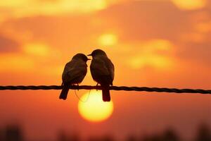 Sonnenuntergang Hintergrund Frames Vogel Paare Silhouette auf Draht symbolisieren Zuneigung ai generiert foto