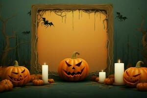 Halloween thematisch Vorlage gerahmt mit körnig Textur, Kürbisse Anzeigen lächelt und erschreckt ai generiert foto