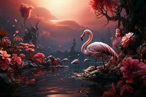 Rosa Flamingos Anmut ein tropisch Teich, gerahmt durch schwankend Palme Bäume ai generiert foto
