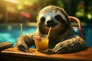 faul Faultier, am Pool im Sommer, genießt ein Cocktail, vollkommen Inhalt ai generiert foto