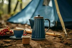 Camping Szene mit ein Blau Kaffee Topf und Becher auf das Boden ai generiert foto