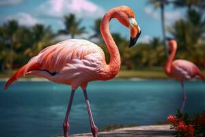 ein Rosa Flamingo mit lange Hals Spaziergänge im exotisch Palmen ai generiert foto