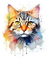 Aquarell Gemälde bunt Katze Gesicht ist gezeigt Weiß Hintergrund foto