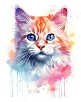 Aquarell Gemälde bunt Katze Gesicht ist gezeigt Weiß Hintergrund foto