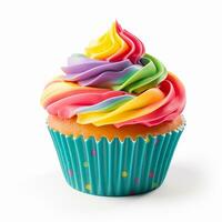 fotorealistisch Bild von ein Cupcake mit Regenbogen Creme. festlich Geburtstag Nachtisch, Kuchen.. ai generiert foto