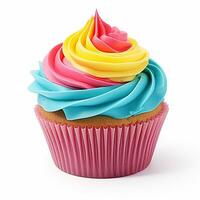 fotorealistisch Bild von ein Cupcake mit Regenbogen Creme. festlich Geburtstag Nachtisch, Kuchen.. ai generiert foto