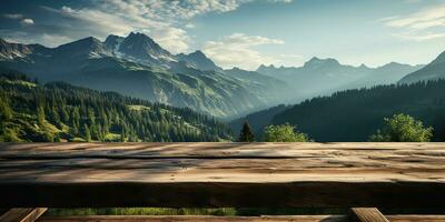 ai generiert. ai generativ. hölzern Tabelle Natur draussen Wald Berg Natur Landschaft Hintergrund. Grafik Kunst foto