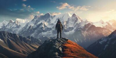 ai generiert. ai generativ. Backpacker allein Mann beim hoch Gipfel Berg Abenteuer draussen Natur Inspiration Hintergrund. Grafik Kunst foto