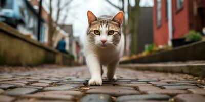 ai generiert. ai generativ. einer einsam Katze Haustier Gehen Straße Stadt städtisch Hintergrund. Grafik Kunst foto