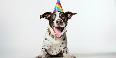 ai generiert. ai generativ. süß komisch Hund Haustier im Geburtstag Party Hut Feier. Grafik Kunst foto