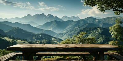 ai generiert. ai generativ. hölzern Tabelle Natur draussen Wald Berg Natur Landschaft Hintergrund. Grafik Kunst foto