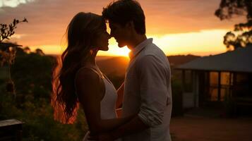 Paar Teilen ein Kuss im Vorderseite von Sonnenuntergang foto