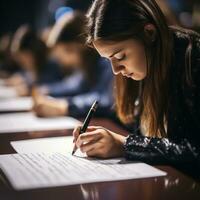 Nahansicht von Schüler nehmen handgeschrieben Anmerkungen foto