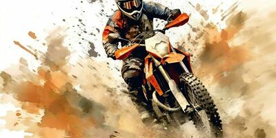 ai generiert. ai generativ. Enduro moto Kreuz Offroad Motorrad Motorrad schmutzig Straße draussen Aquarell Farbe zeichnen Kunst. Grafik Kunst foto