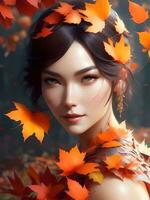 schön jung Frau mit fallen Blätter Herbst. generativ ai foto
