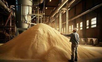 Nahansicht Hände Arbeiter hält Korn zum Produktion von Weiß Mehl im automatisiert modern Mühle zum Brot. erstellt mit generativ ai Technologie. foto