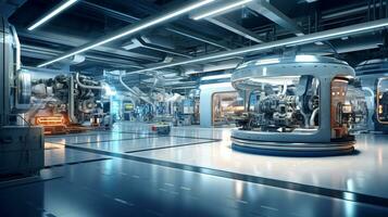 Innerhalb Hallo Technik Fabrik haben modern Ausrüstung und Automatisierung Maschinen zum Industrie4.0. generativ ai foto