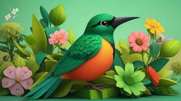 lebhaft abstrahiert, ein 3d gestylt bunt Illustration Bild mit Vögel und Blumen. ai generiert foto