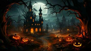 Schloss und Kürbisse mit unheimlich Gesichter beim Nacht im das Wald zum das Urlaub von Halloween foto