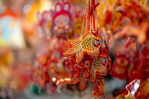 dekoriert bunt Laternen hängend auf ein Stand im das Straßen im ho Chi minh Stadt, Vietnam während Mitte Herbst Festival. Chinesisch Sprache im Fotos bedeuten Geld und Glück. selektiv Fokus.