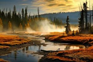 Yellowstone großartig Tetonen Geysir Becken im Yellowstone National Park, Herbst Landschaft im Yellowstone, Wyoming, USA, ai generiert foto